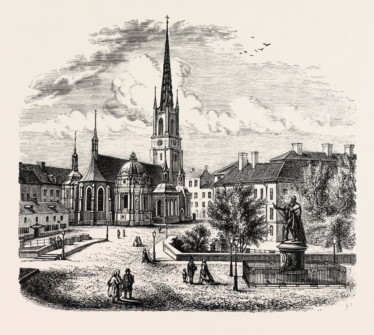 Riddarholmenin kirkko, Riddarholmskyrka, Tukholma, Ruotsi (kaiverrus). tekijältä Swedish School