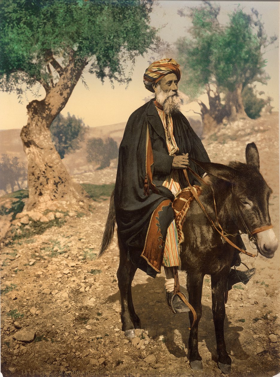 Arabimies Betlehemistä aasillaan, n. 1880-1900 (valokuva) tekijältä Swiss Photographer