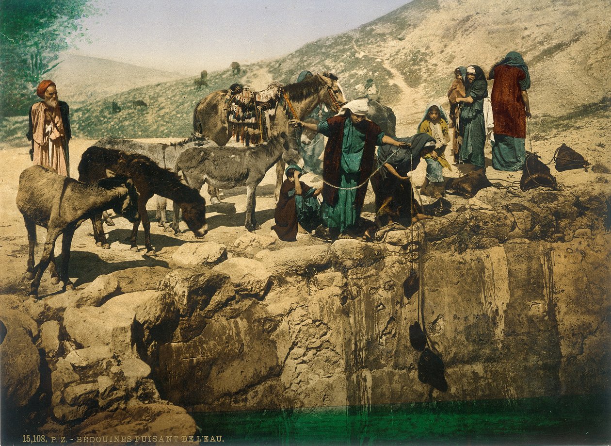 Beduiininaiset piirtävät vettä, n. 1880-1900 (fotokromi) tekijältä Swiss Photographer
