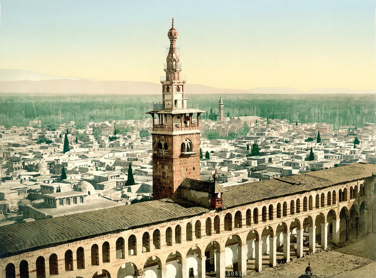 Damaskoksen suuren Umayyad-moskeijan Minaret de la Fiancee, ns. 1880-1900 (valokuva) tekijältä Swiss Photographer