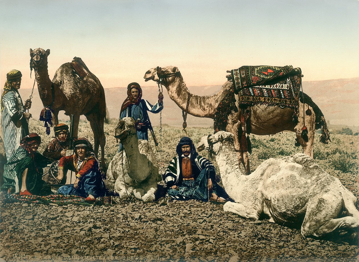 Beduiiniksi pukeutuneet länsimaiset matkailijat ja heidän oppaansa kameleineen Jordanin laaksossa, n. 1880-1900 (valokuva) tekijältä Swiss Photographer