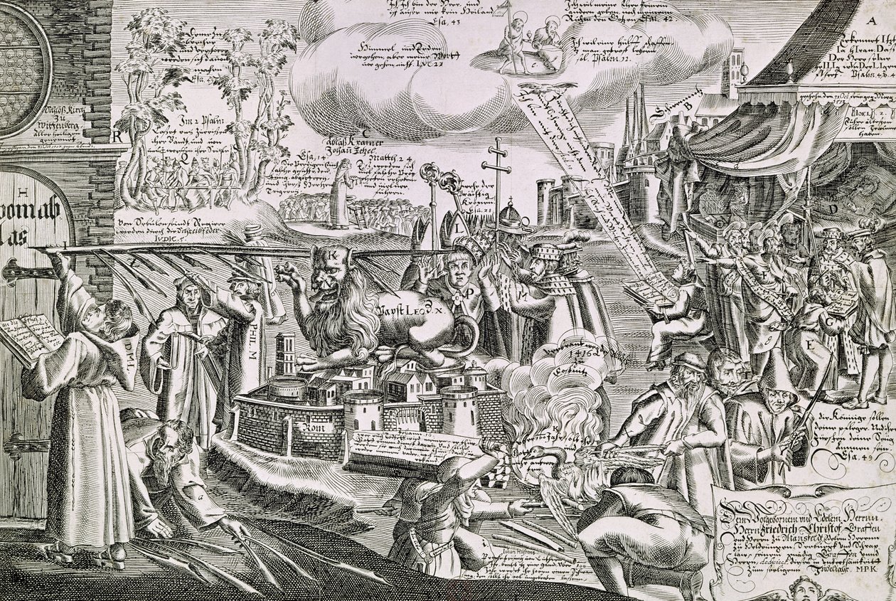 Martti Luther (1483-1546) kirjoittaa kirkon ovelle Wittenbergissä vuonna 1517 tekijältä Swiss School