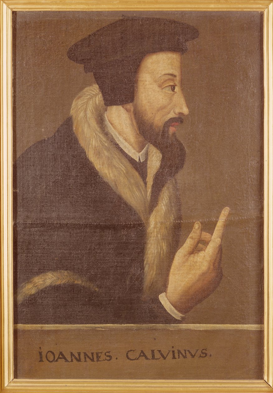 Ranskalaisen teologin ja uskonpuhdistajan John Calvinin (1509-64) muotokuva tekijältä Swiss School