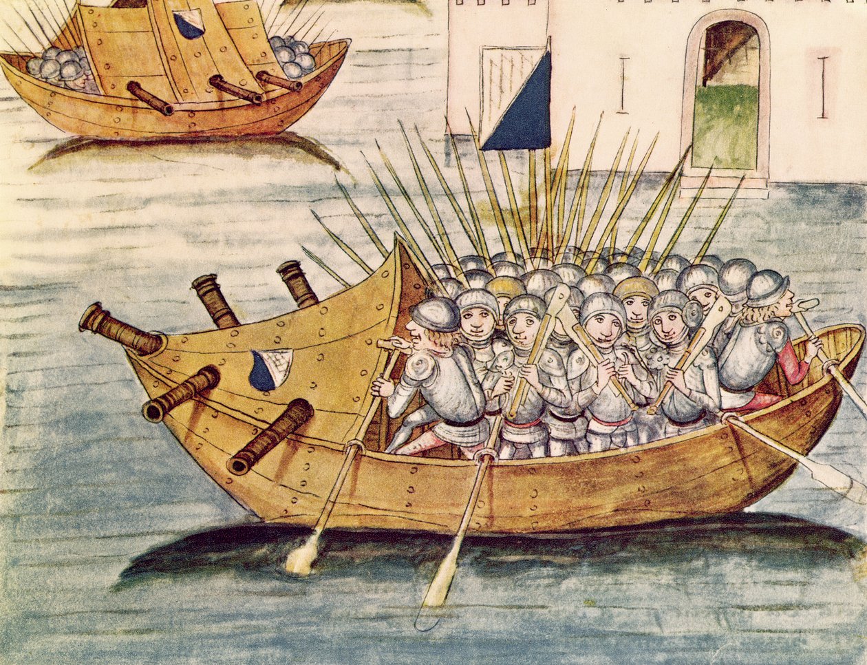 Diebold Schilling vanhin (n. 1445-1485) Berner Chronik -aluksessa aseilla varustetut sotilaat tykillä varustetussa aluksessa 1483 tekijältä Swiss School