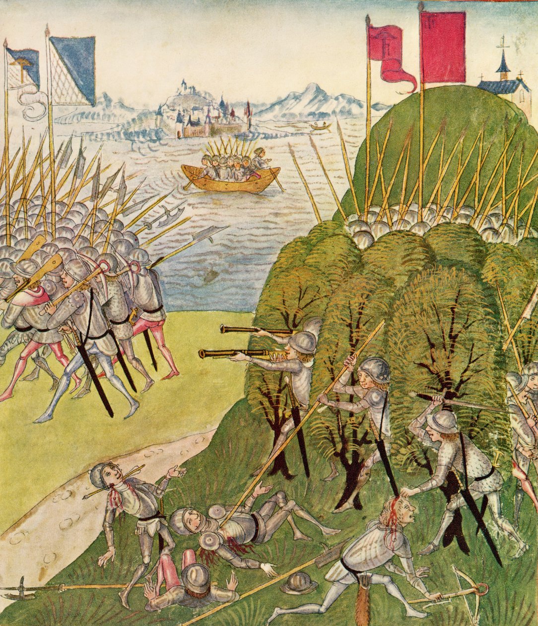 Diebold Schilling vanhin (n. 1445-1485) Berner Chronikista aseistetut sotilaat aseilla, lansseilla ja varsijousilla 1483 tekijältä Swiss School