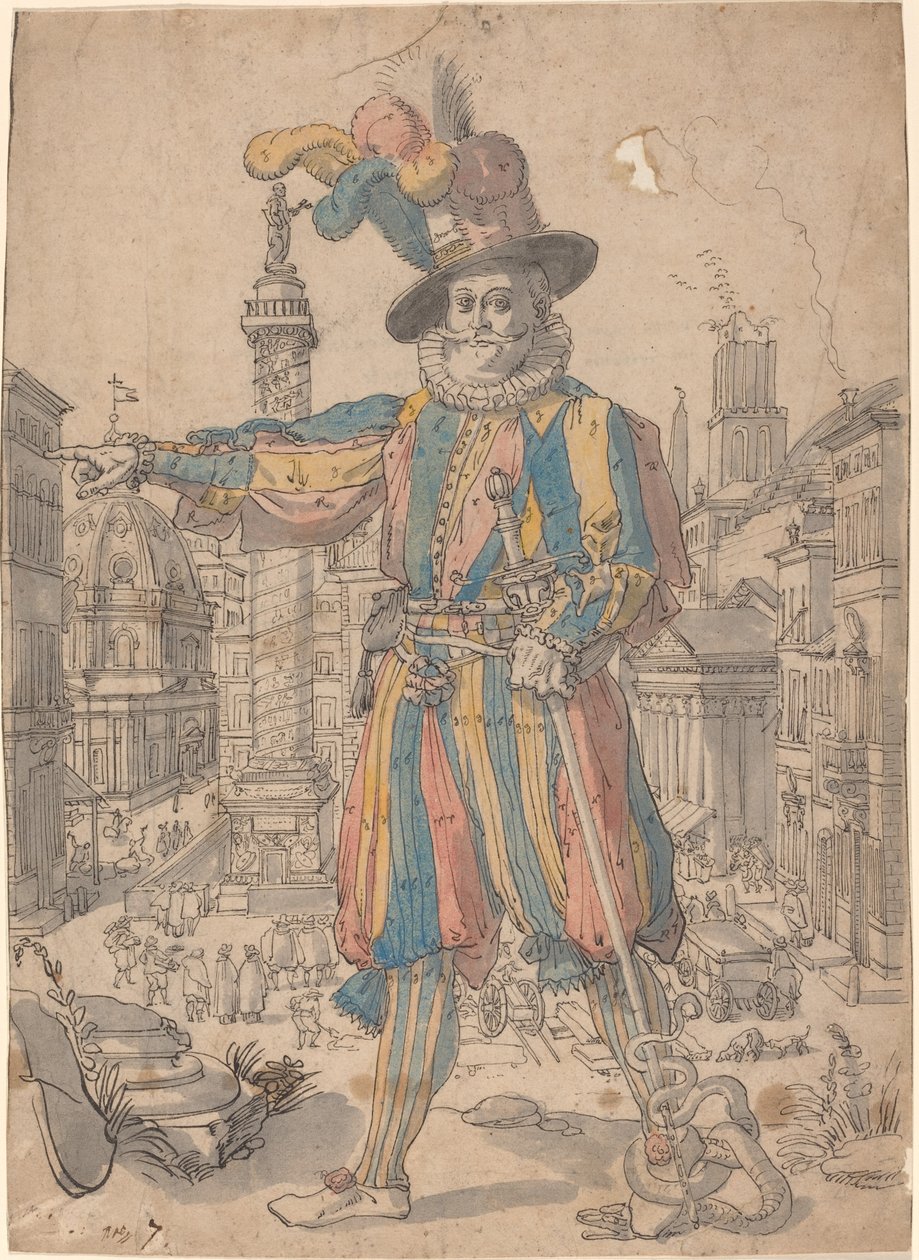 Sveitsinkaartin Giovanni Grosso seisomassa Rooman näkymän edessä tekijältä Swiss 17th Century after Francesco Villamena