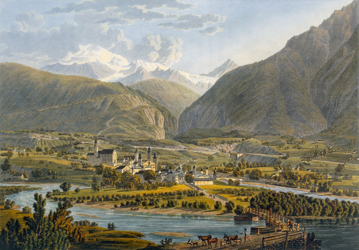 Brig Rhône-joella, Bernin Alpeilla, Sveitsissä, matkasta Voyage Pittoresque de Geneve a Milan, 1819 tekijältä Swiss School