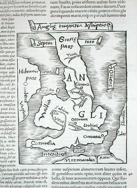 British Isles, teoksesta "Polyhistor of things ympäri maailman...", kirjoittanut Caius Julius Solinus, julkaistu Basel 1543 (puupiirros) tekijältä Swiss School