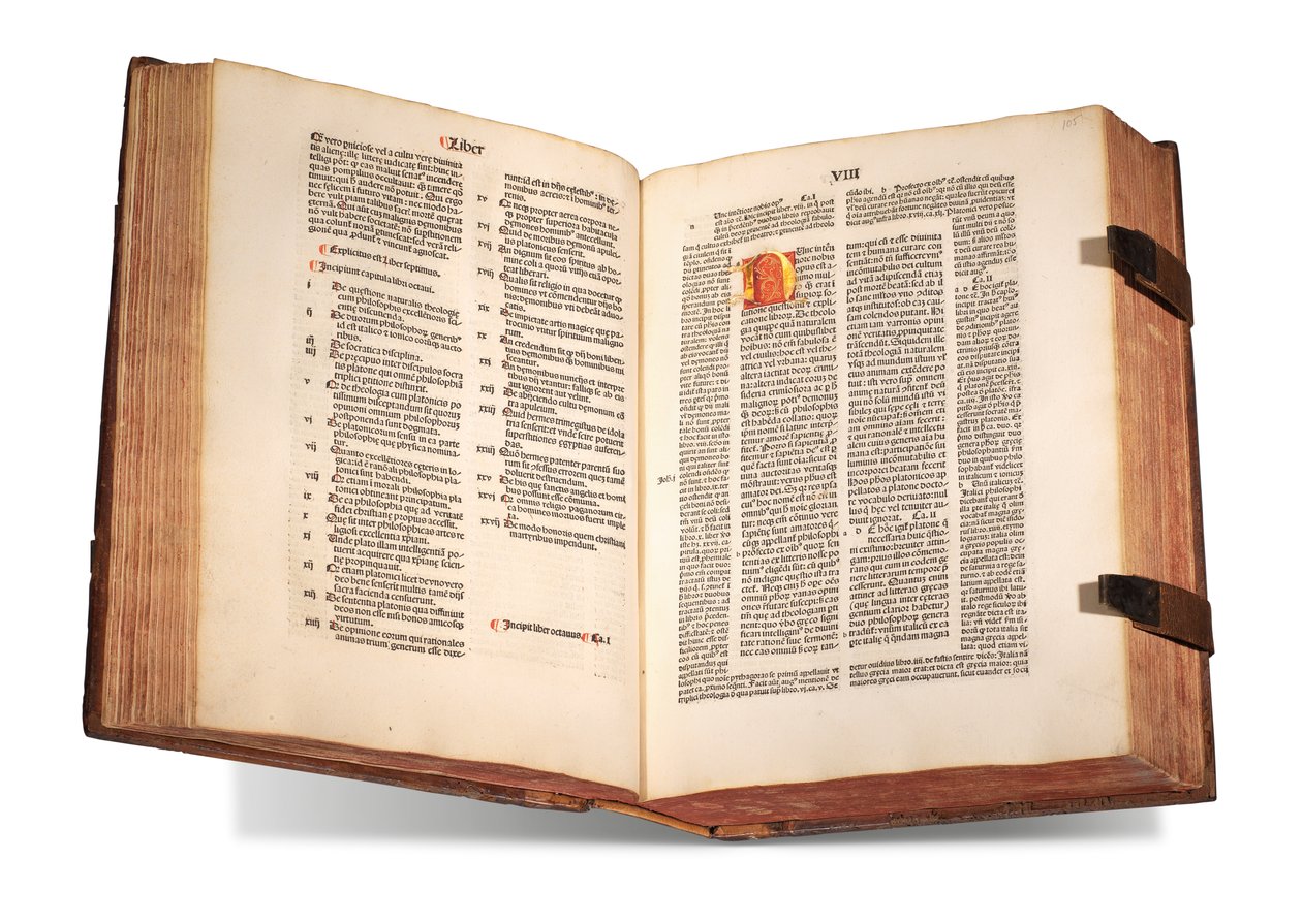 De civitate Dei, kommentit Thomas Waleys (k. ennen 1349) ja Nicolaus Trivet (1258?-1328), Augustinus Hippo, painettu 1489 (vellum) tekijältä Swiss School