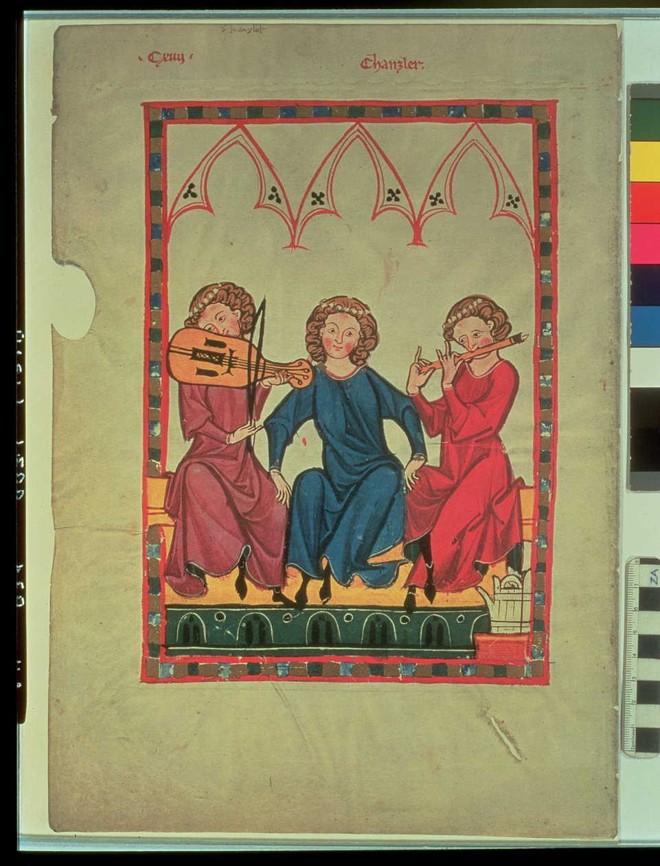 Muusikot, Manasse Codex, kokoelma hovimaisia rakkauslauluja, n. 1300-20 tekijältä Swiss School