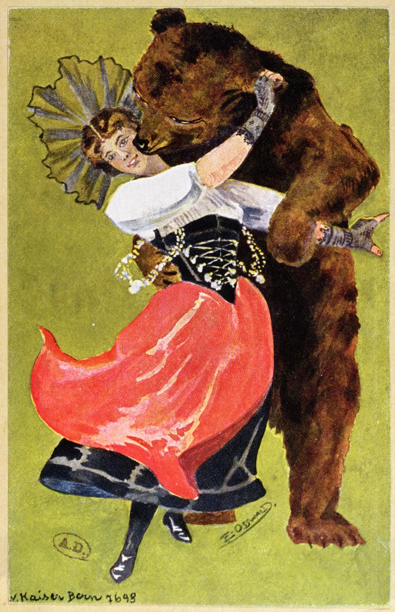 Postikortti Bernistä, jossa on nainen ja karhu, n. 1900 tekijältä Swiss School