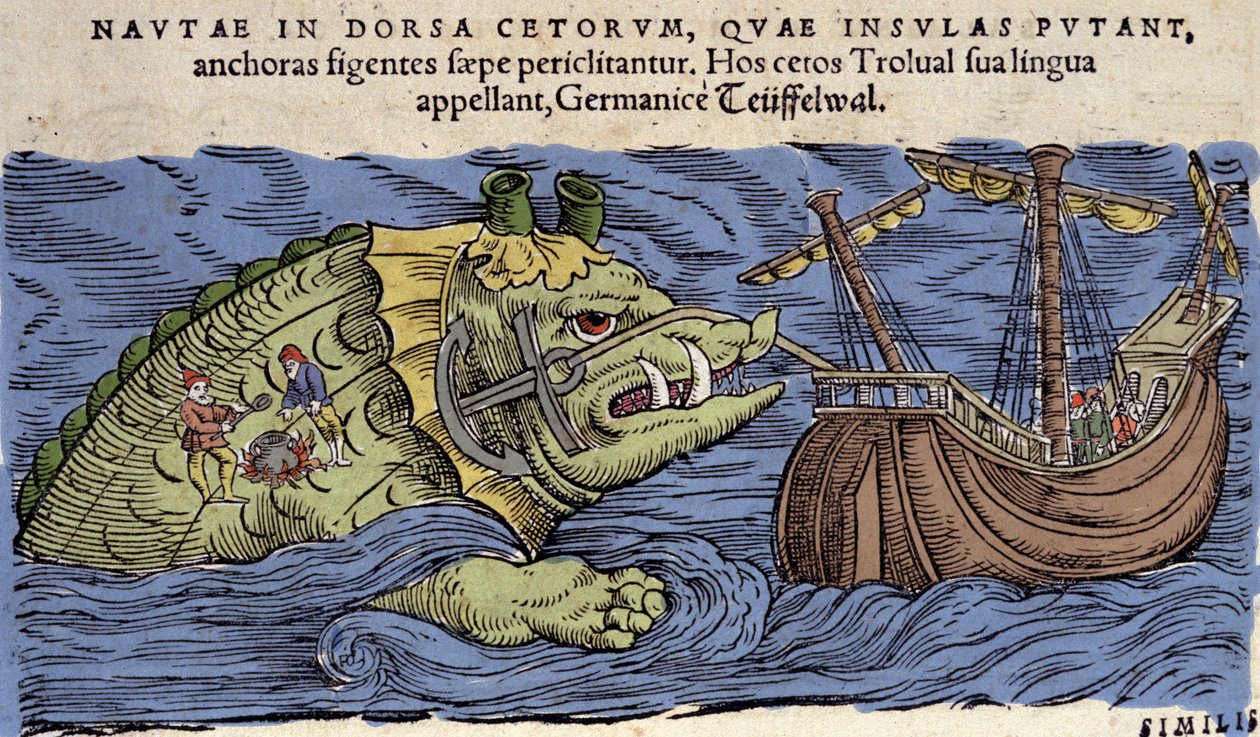 Merihirviö ja laiva, kuvitus "Historia Animaliumista", Conrad Gesner tekijältä Swiss School