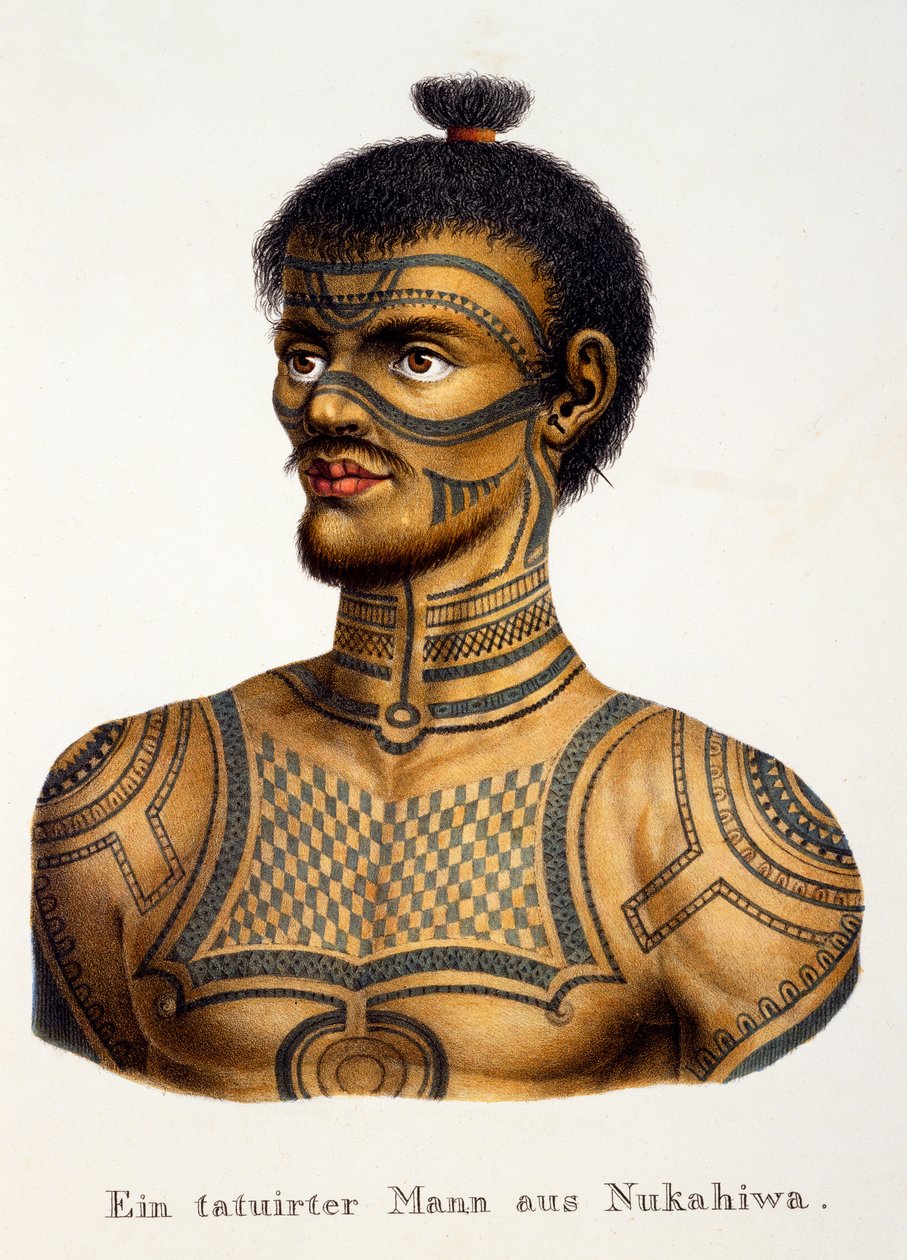Tatuoitu mies Nukahiwasta, Ethnological Study of Various Racial Types from Various Continents, kirjoittanut C.I. Brodtmann, julkaistu 1824 tekijältä Swiss School