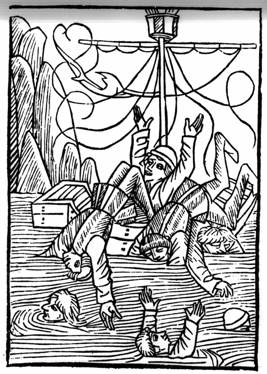 Legend of Saint Brendan (Brandan), sankari ja 6. vuosisadan irlantilainen pyhimys Laivat uppoavat Cleves-merellä. Kaiverrus "" Die Wunderbare Meerfahrt des Hl. Brandan." Paali tekijältä Swiss School