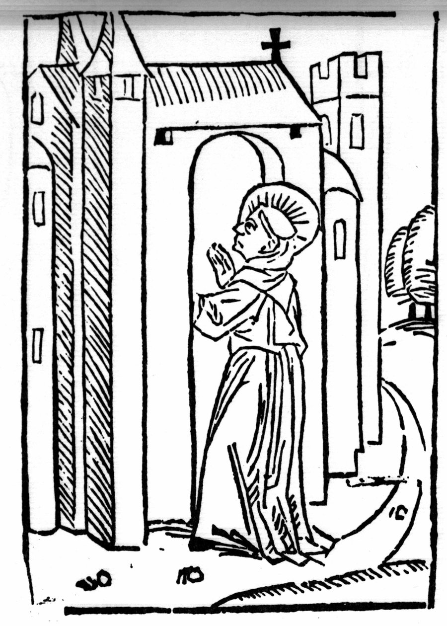 Legenda Saint Brendanista (Brandan), sankareista ja irlantilaisesta 6. vuosisadan pyhimyksestä. Pyhän paluulla on hänen luostarinsa. Kaiverrus "" Die Wunderbare Meerfahrt des Hl. Brandan." Paali tekijältä Swiss School