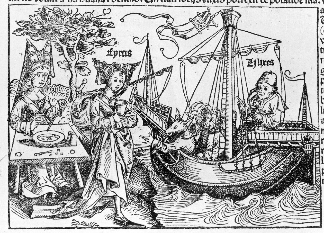 Taikuri Circe muutti Ulysseksen ja hänen seuralaisensa sioiksi - Sebastian Munsterin "" Cosmographiassa", Basel 1558 tekijältä Swiss School