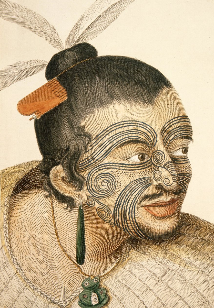 Maoripäällikön muotokuva kokonaamaisella Mokolla, 1769 tekijältä Sydney Parkinson