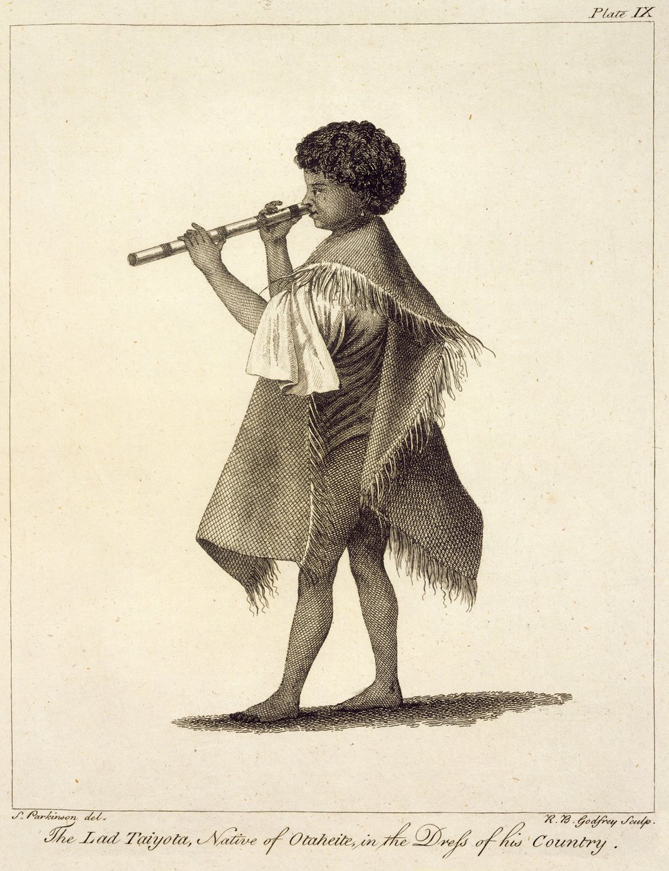 Lad Taiyota, kotoisin Otaheitesta, maansa puvussa, kaiverrettu R.B. Godfreyn toimesta, levy 9 julkaisijasta "Journal of a Voyage to the South Seas", pub. 1823 tekijältä Sydney Parkinson