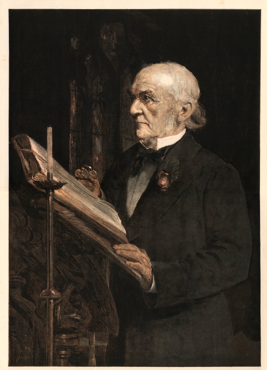 William Ewart Gladstone (1809-1898), englantilainen valtiomies, lukee oppituntia Hawardenin kirkossa. tekijältä Sydney Prior after Hall