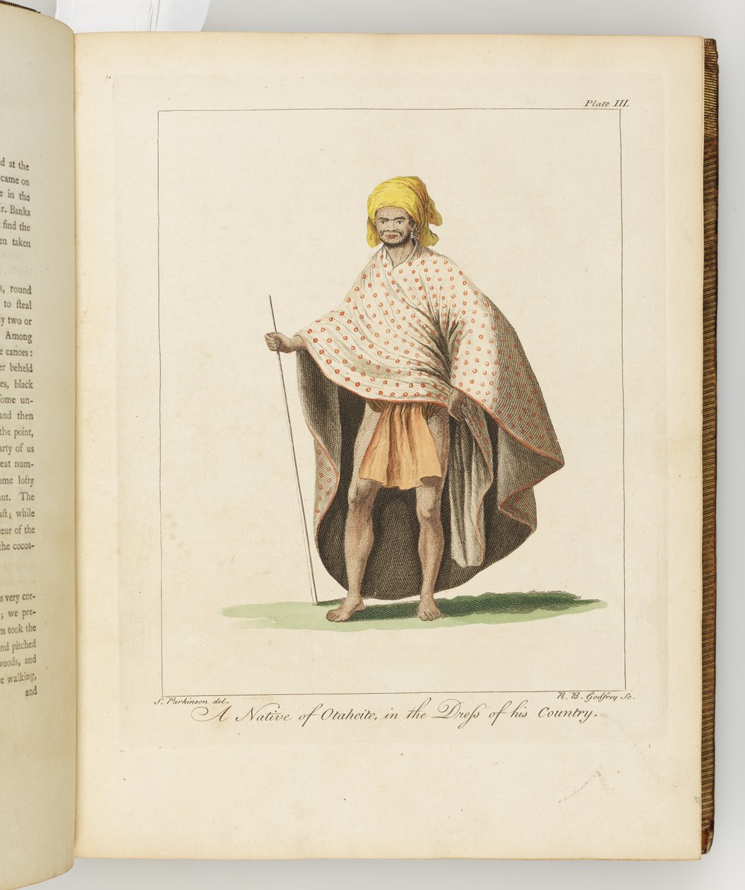 A Native of Otaheite, kuva päiväkirjasta matkasta Etelämerille: Hänen Majesteettinsa aluksessa, Endeavour, 1794 (käsinvärinen kaiverrus) tekijältä Sydney