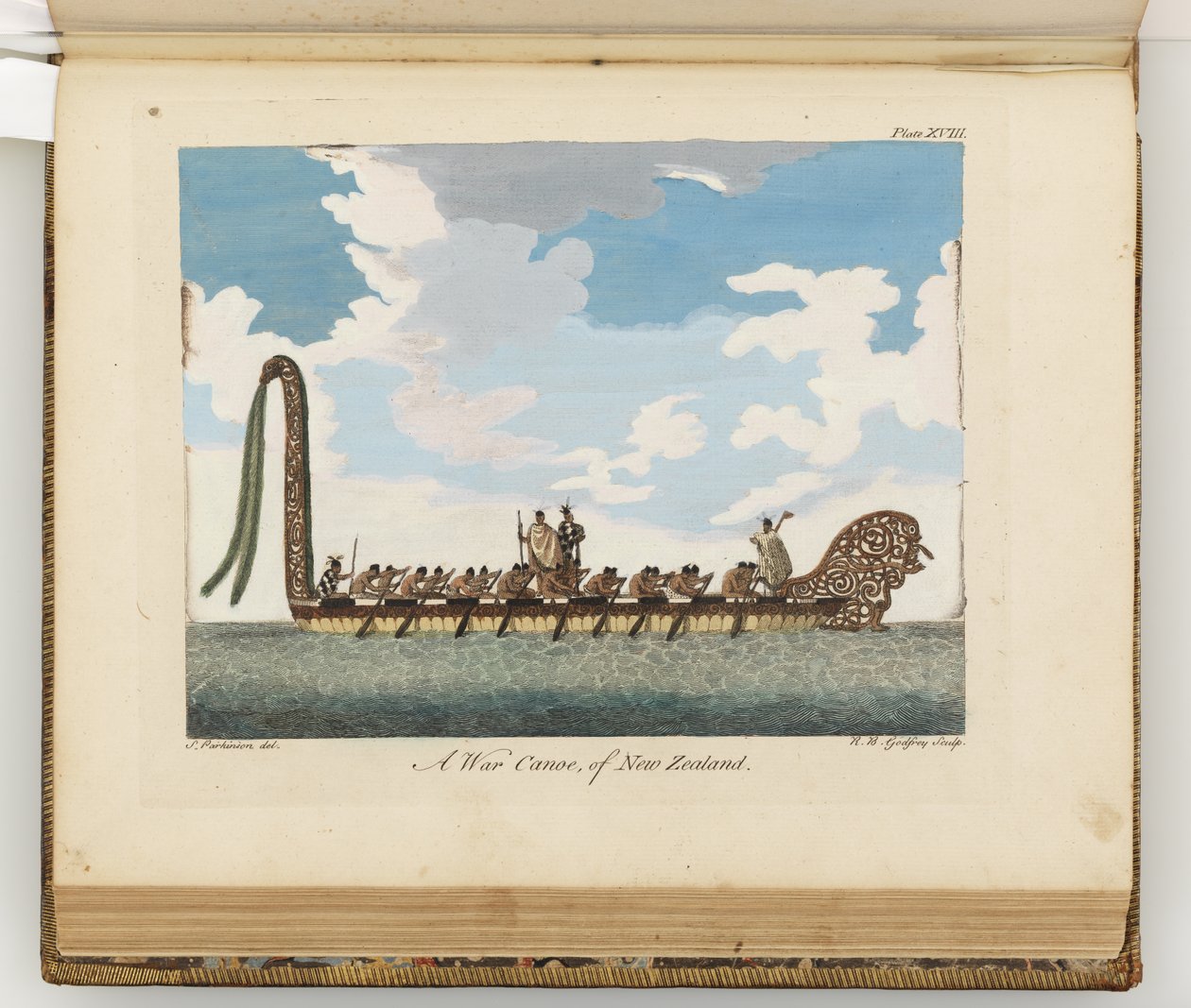Uuden-Seelannin sotakanootti, kuva päiväkirjasta matkasta Etelämerille: His Majestysin aluksessa, Endeavour, 1794 (käsinvärinen kaiverrus) tekijältä Sydney