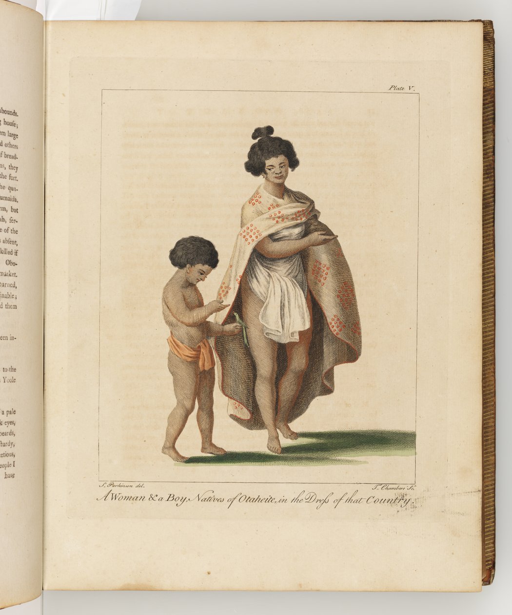 Nainen ja poika, syntyperäisiä Otaheitesta, kuva päiväkirjasta matkasta Etelämerelle: Hänen Majesteetin aluksessa, Endeavour, 1794 (käsinvärinen kaiverrus) tekijältä Sydney