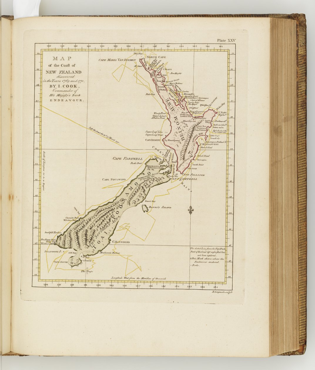 Kartta Uuden-Seelannin rannikosta, kuva päiväkirjasta matkasta Etelämerille: His Majestysin aluksessa, Endeavour, 1794 (käsinvärinen kaiverrus) tekijältä Sydney