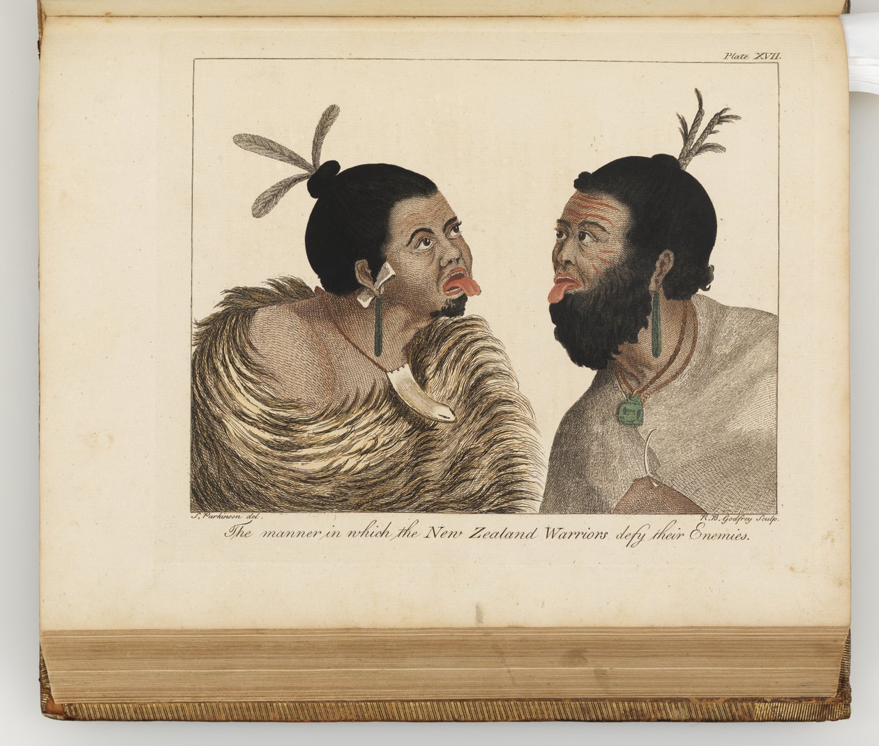 Tapa, jolla Uuden-Seelannin soturit uhmaavat vihollisiaan, esimerkki Etelämeren matkan päiväkirjasta: His Majestys -laivassa, Endeavour, 1794 (käsinvärinen kaiverrus) tekijältä Sydney