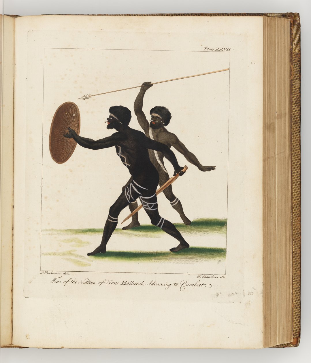 Kaksi New Hollandin alkuperäisasukkaista, kuva päiväkirjasta matkasta Etelämerille: His Majestysin aluksessa, Endeavour, 1794 (käsinvärinen kaiverrus) tekijältä Sydney