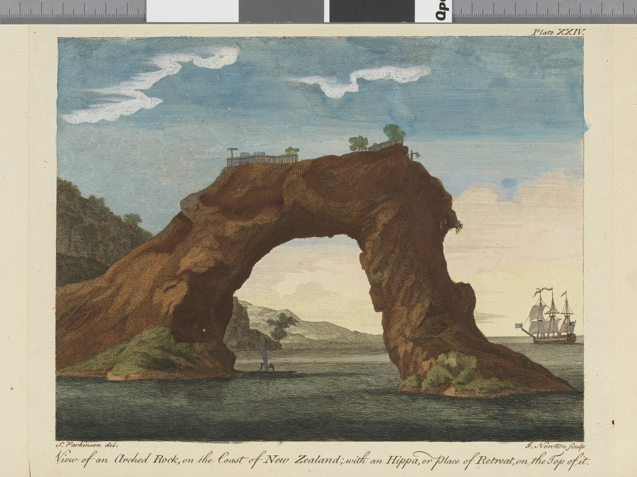 Näkymä kaarevalle kalliolle, kuva Etelämeren matkan päiväkirjasta: His Majestys -laivassa, Endeavour, 1794 (käsinvärinen kaiverrus) tekijältä Sydney