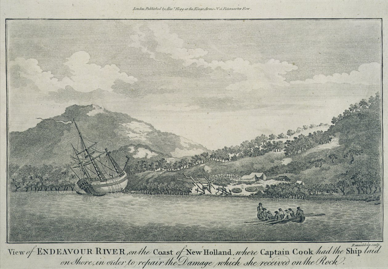 Kapteeni Cook, joka on haaksirikkoutunut matkallaan maailman ympäri, on korjannut Endeavourin satamassa yhdellä Hope Islandista, n. 1786 (kaiverrus) tekijältä Sydney (after) Parkinson
