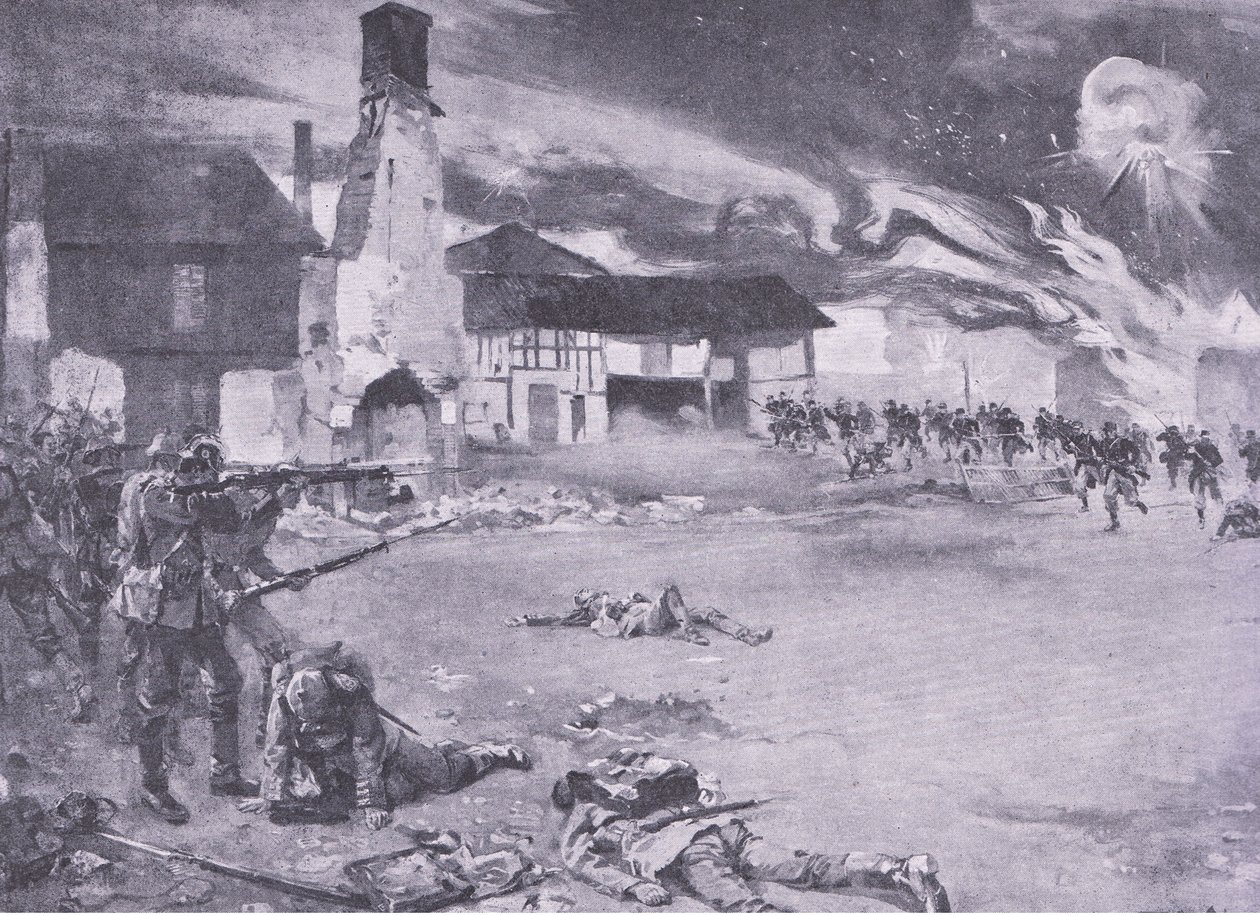 Katutaistelut Ranskan ja Saksan rajalla: Ranskan hyökkäys Preussin vartijaa vastaan, julkaisusta History of the Great War Vol 3, julkaisija Waverley Book Co Limited, n. 1920 tekijältä Sydney Adamson