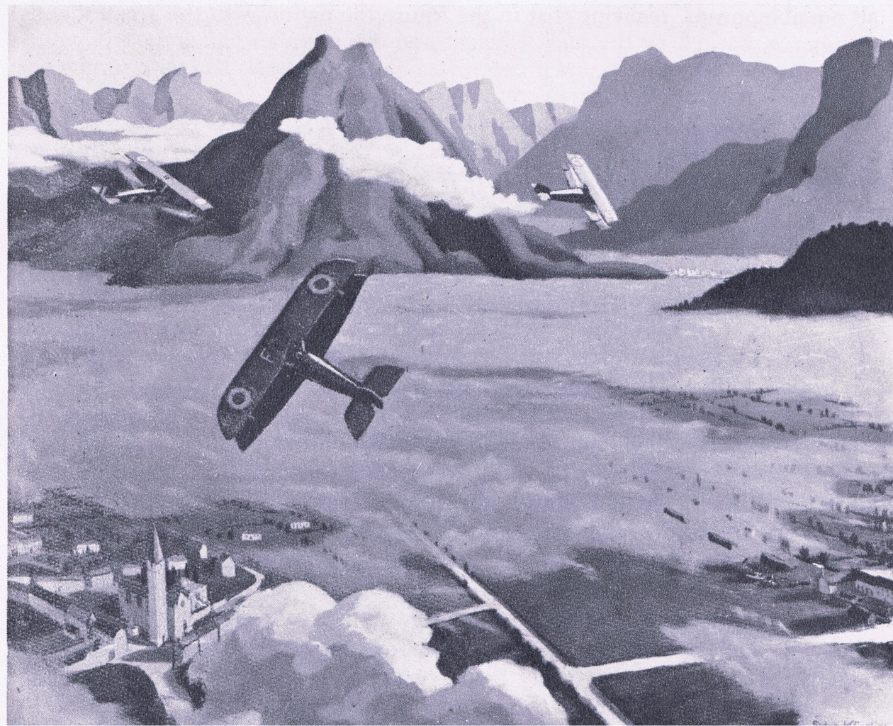 Brittiläiset tiedustelijat lähtevät lentopaikaltaan partioidessaan Asiagon ylängöllä Italiassa, Collinsin julkaisemasta British Adventure -teoksesta vuodelta 1947. tekijältä Sydney Carline