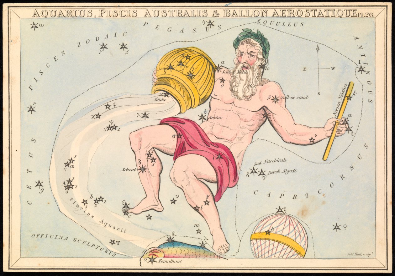 Vesimies, Pisces Australis ja Ballon Aerostatique, n.1825 (kortti, paperi, kudos). tekijältä Sydney Hall
