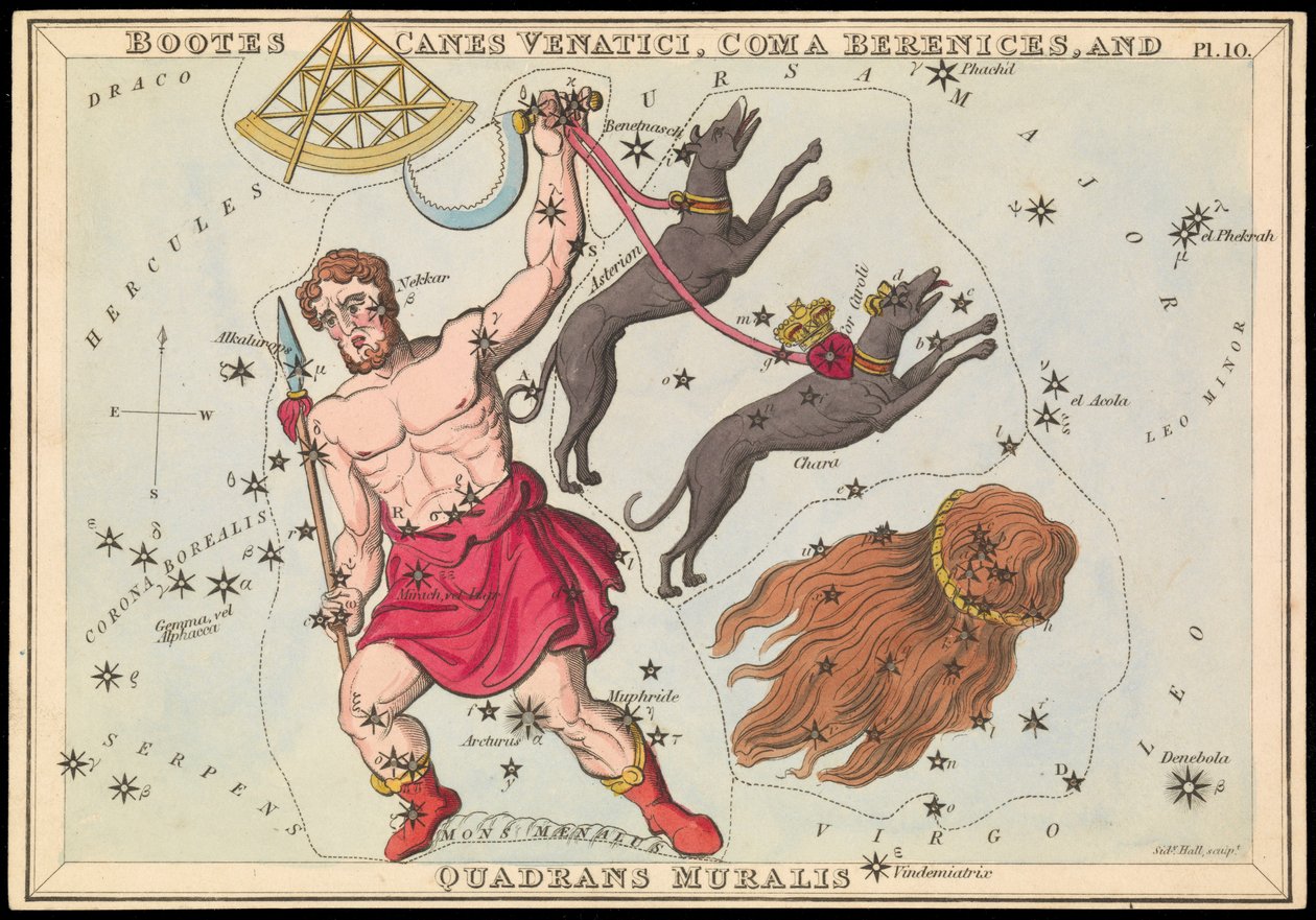 Bootes Canes Venatici, Coma Berenices ja Quadrans Muralis, n.1825 (kortti, paperi, kudos). tekijältä Sydney Hall