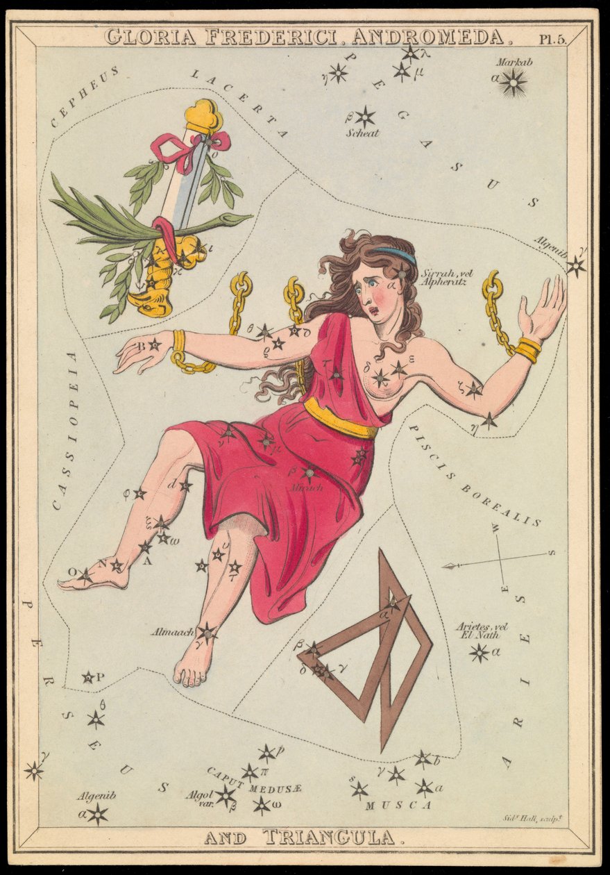 Gloria Frederich, Andromeda ja Triangula, n.1825 (kortti, paperi, kudos ) tekijältä Sydney Hall