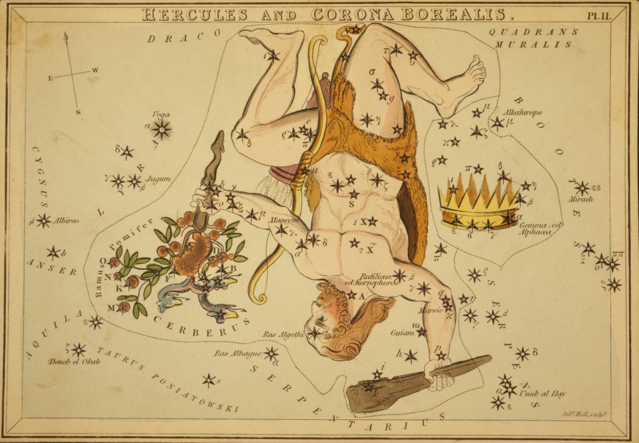 Hercules ja Corona Borealis, kuvitus "Uranian peilistä" tekijältä Sydney Hall