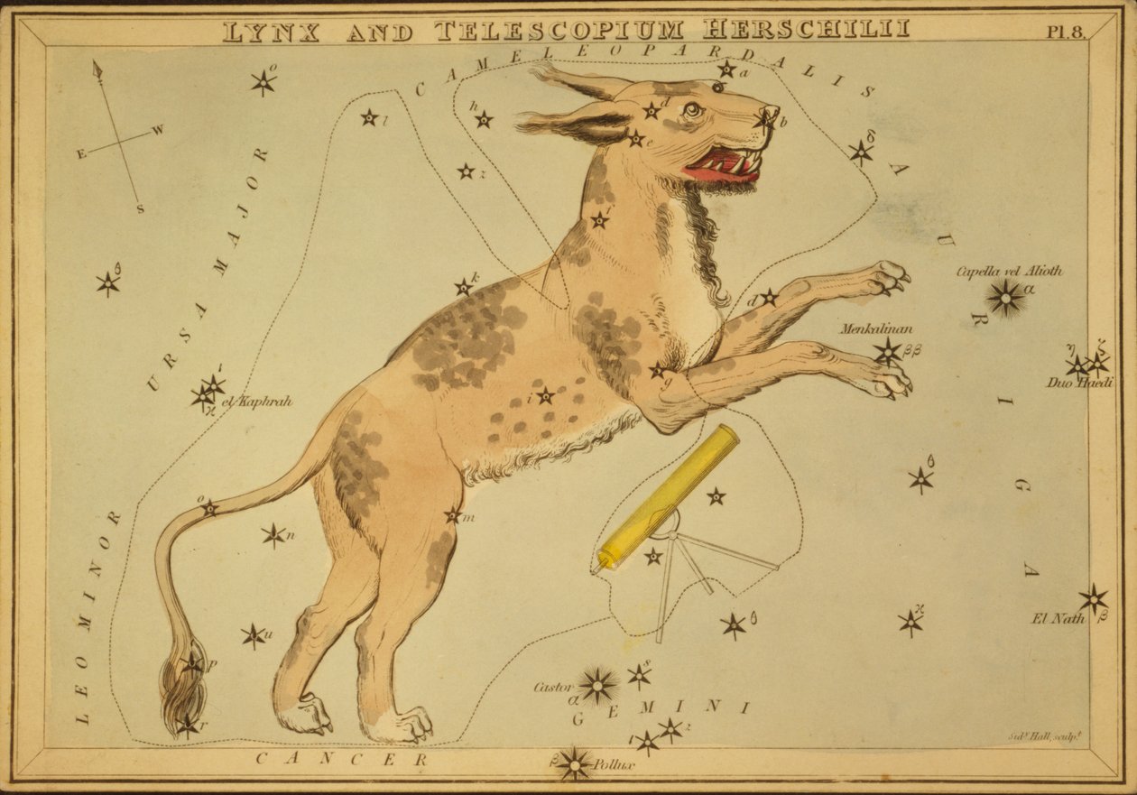 Lynx and Telescopium Herschilii, kuvitus "Uranian peilistä" tekijältä Sydney Hall