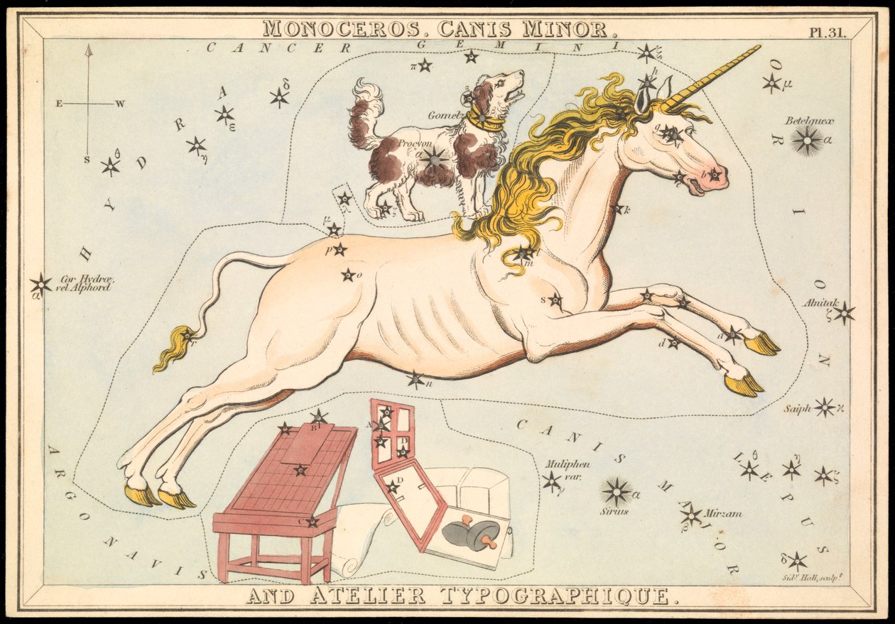 Monoceros, Canis Minor ja Atelier Typographique, n.1825 (kortti, paperi, kudos ) tekijältä Sydney Hall