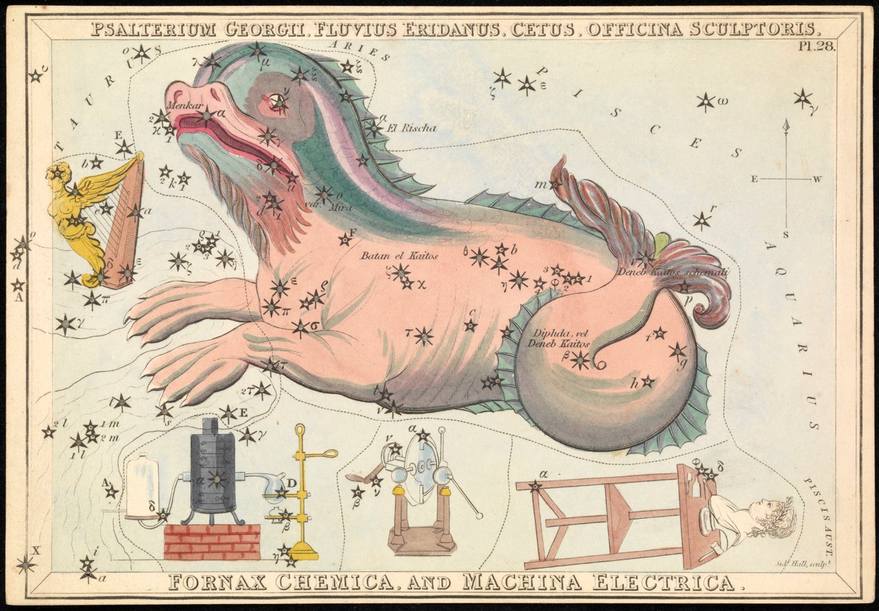 Psalterium Georgii, Fluvius Eridanus, Cetus, Officina Sculptories, Fornax Chemica ja Machina Electrica, n.1825 (kortti, paperi, kudos). tekijältä Sydney Hall