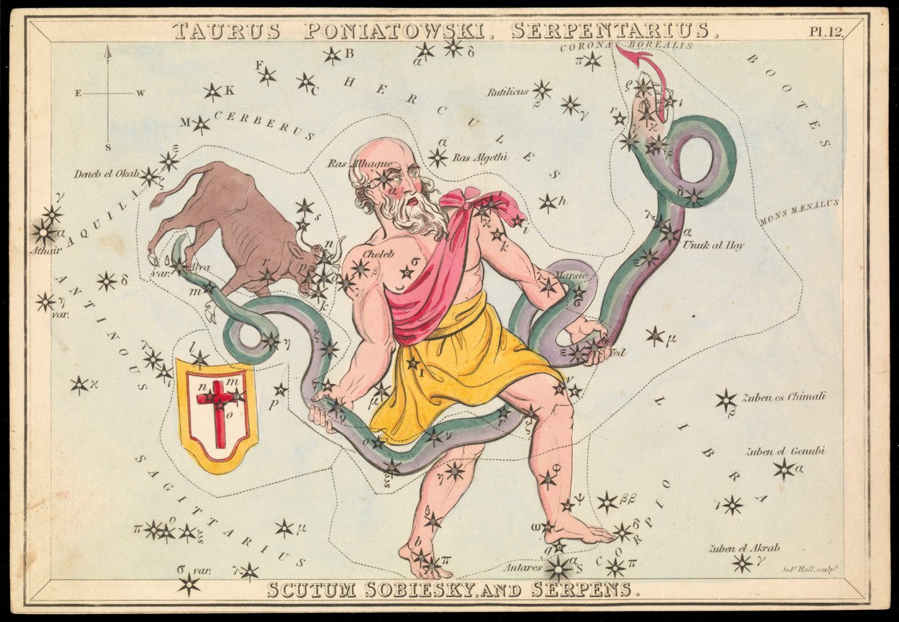 Taurus Poniatowski, Serpentarius, Scutum Sobiesky ja Serpens, n.1825 (kortti, paperi, kudos). tekijältä Sydney Hall