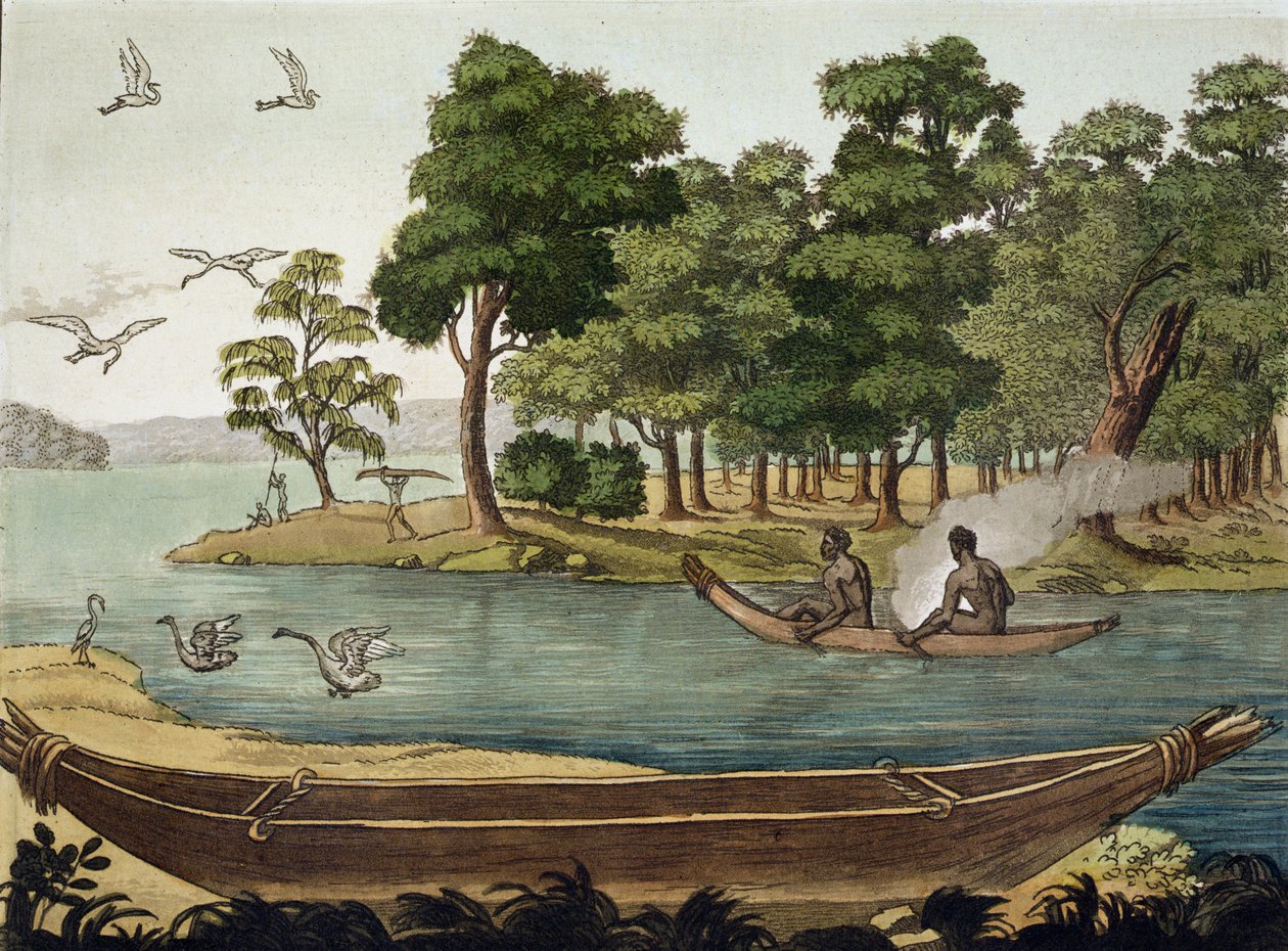 Method of Navigation in New Holland, kaiverrettu F. Fumagalli, kuvitus 1800-luvun alun matkakirjojen kokoelmasta tekijältä Sydney Parkinson