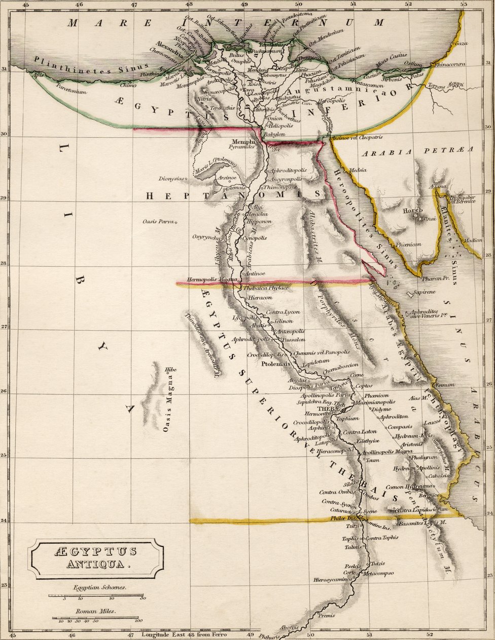Aegyptus Antiquan (muinainen Egypti) kartta, piirtänyt ja kaivertanut Sydney Hall, n. 1826 tekijältä Sydney Prior Hall