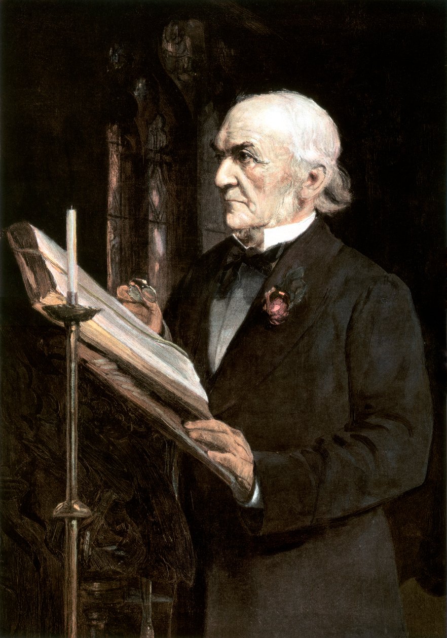 "Herra Gladstone lukemassa oppitunteja Hawardenin kirkossa", 1800-luvun loppu. tekijältä Sydney Prior Hall