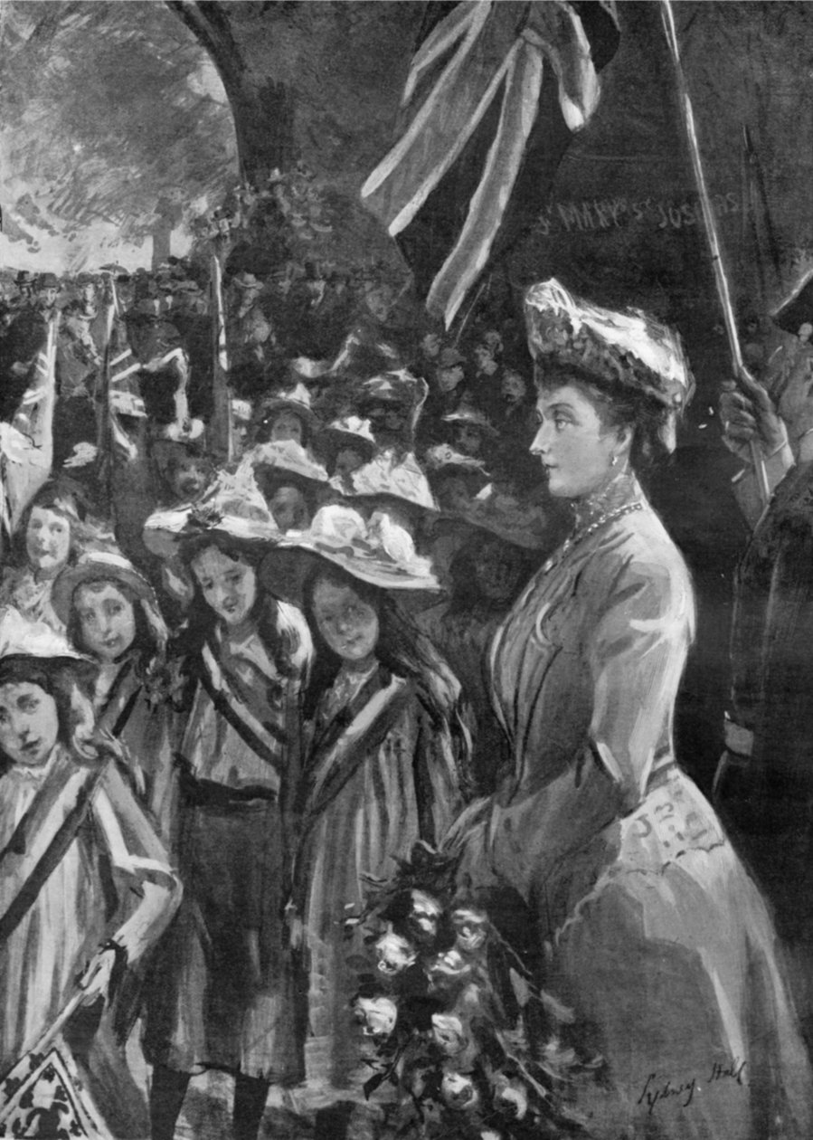 Prinsessa Louise arvostelee kahtakymmentätuhatta lasta Battersea Parkissa, kuvitus julkaisusta "The Graphic", 19. heinäkuuta 1902 tekijältä Sydney Prior Hall