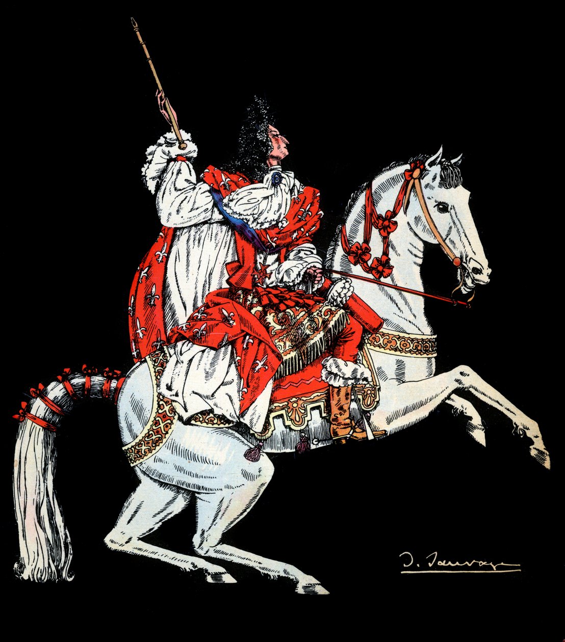 Ranskan kuninkaan Ludvig XIV:n (1638 -1715) ratsumuotokuva - Sylvain Sauvagen (1888-1948) kuvitus Frantz Funck-Brentanon (1862-1947) kirjaan "Ludvig XIV" vuodelta 1938 - Huomio! Tämän tekstin käyttö tekijältä Sylvain Sauvage