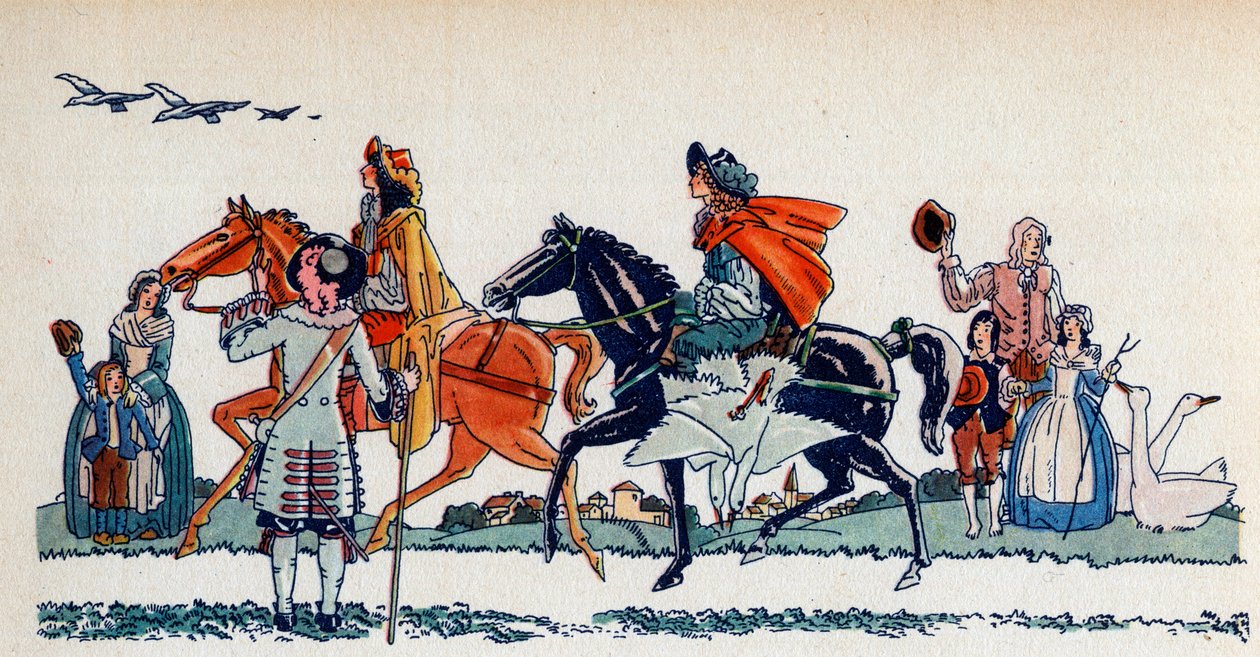 Kuningas Ludvig XIV metsästää - Sylvain Sauvagen (1888-1948) kuvitus Frantz Funck-Brentanon (1862-1947) kirjalle "Louis XIV" vuodelta 1938 Huomio! Tämän teoksen käyttö saattaa olla kolmannen osan alaista tekijältä Sylvain Sauvage