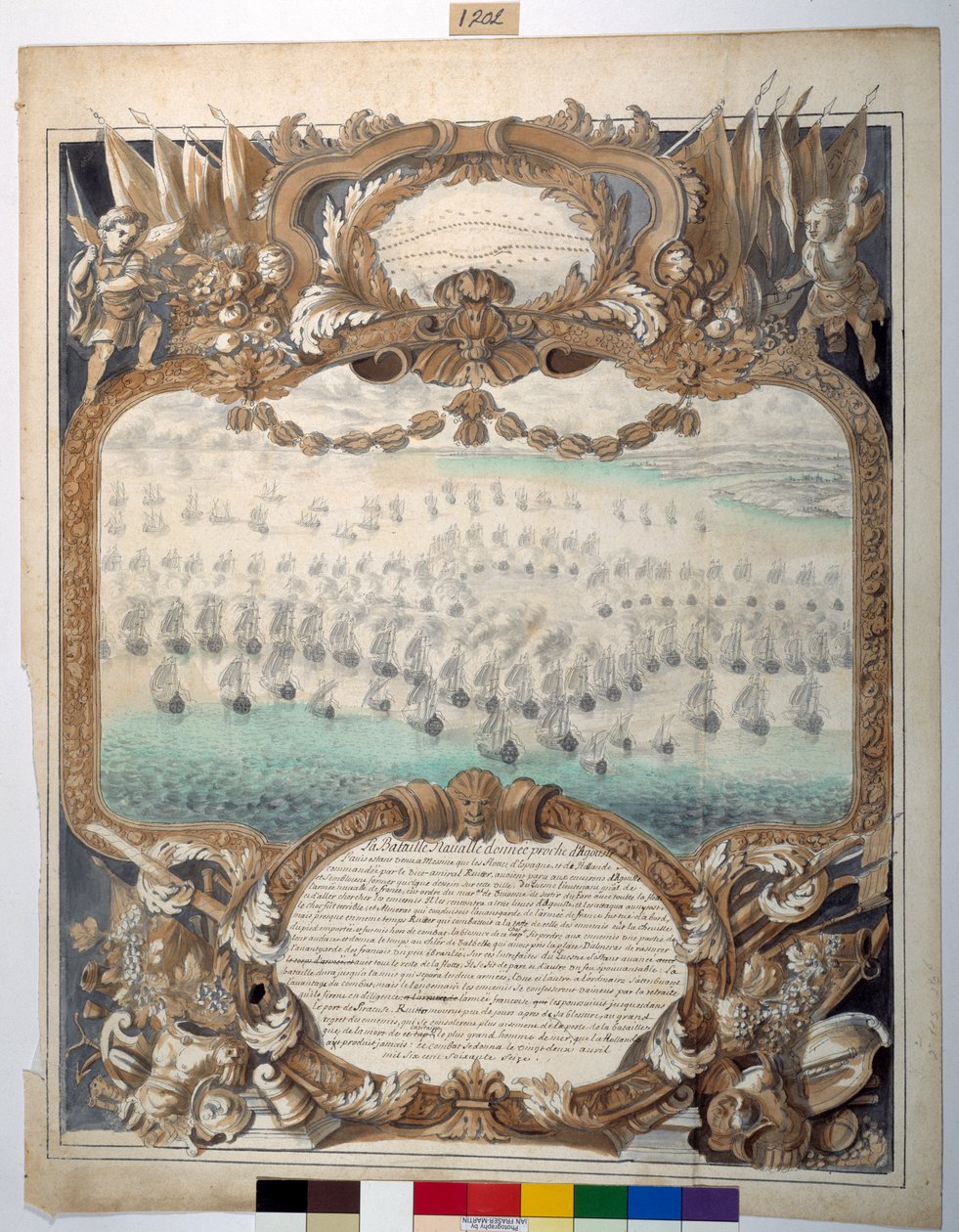 Meritaistelu pidettiin lähellä Agoustea, 22. huhtikuuta 1676 (musta muste ja kartoituskynä vesivärillä paperilla) tekijältä Sylvain Bonnet