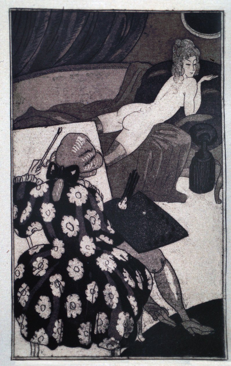 Erotiikka: Giacomo Casanova (1725-1798) kuvaa pitkänomaista rakastajattaraan ikävästi alasti sohvalla (etsaus) tekijältä Sylvain Sauvage