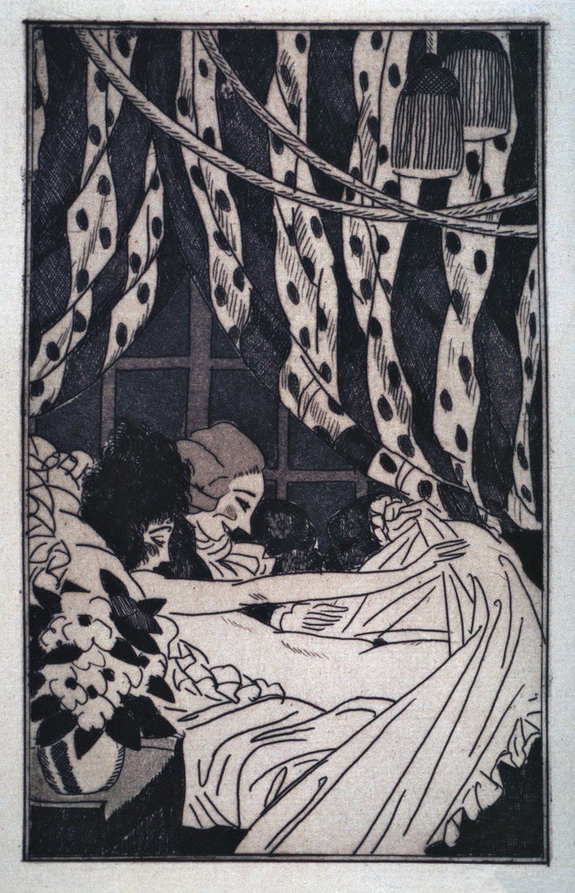 Erotiikka: Giacomo Casanova (1725-1798) nostaa lakanat pohtiakseen alaston rakastajataraan, 1900-luvun alkua (etsaus) tekijältä Sylvain Sauvage